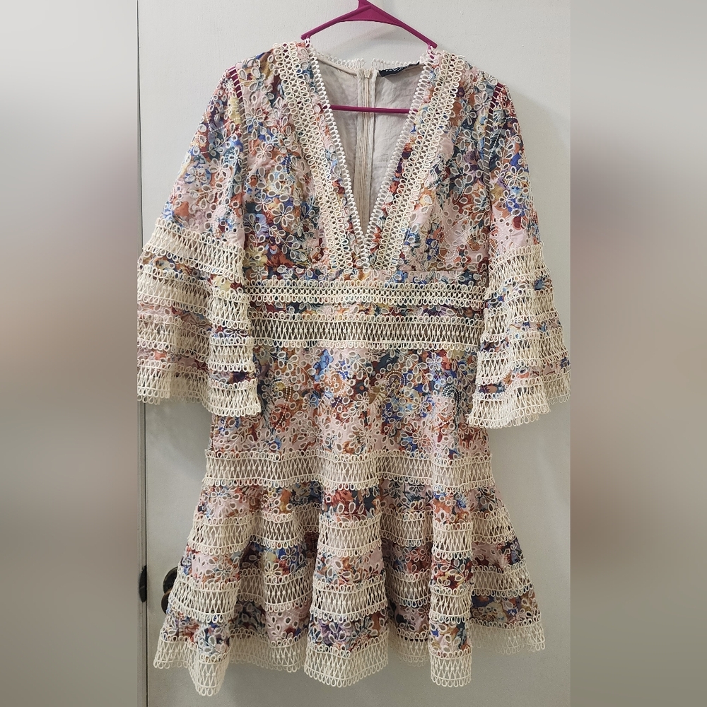 Floral Lace-Trim V-Neck Women’s Dress - Cream Multi